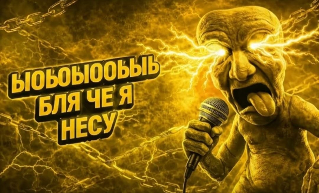Цифровой арт-мем с персонажем и микроф