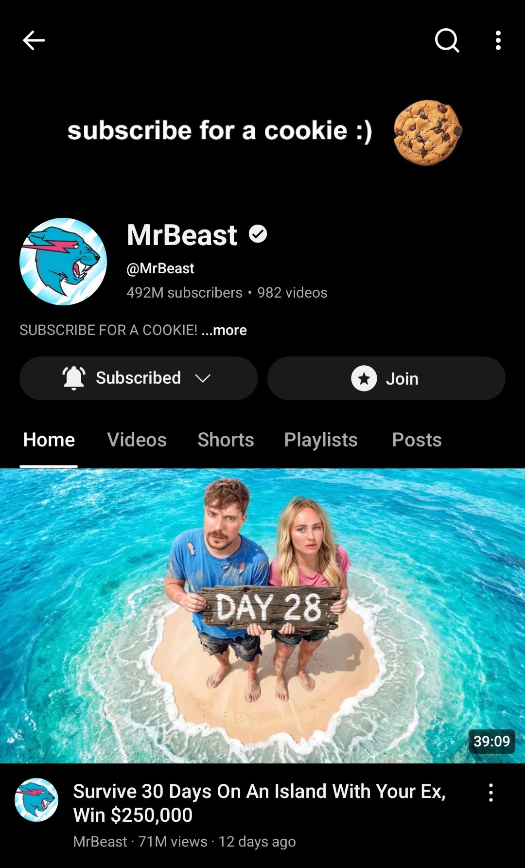 YouTube канал MrBeast (492 млн подписчиков)